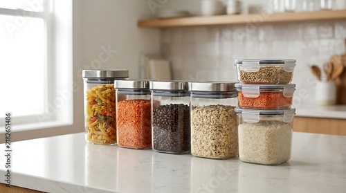 Clear square glass storage jars with stainless steel lids on a modern kitchen counter. hermetic seal containers