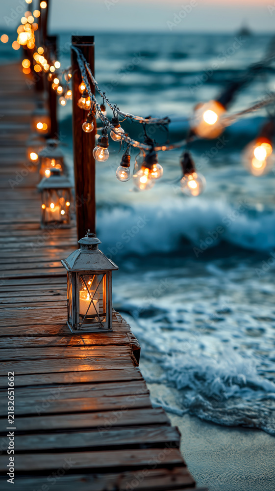 Fototapeta premium Serene beach pier with lanterns and crashing waves