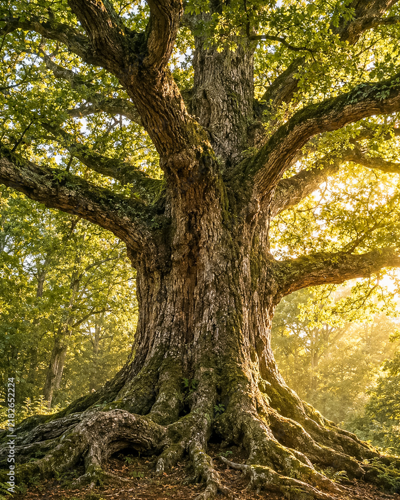 Fototapeta premium Majestic Ancient Oak Tree with Massive Roots in Sunlit Forest