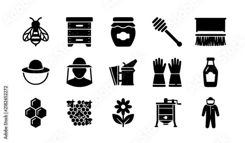 Beekeeping and Honey Production Solid Black Vector Icon Set