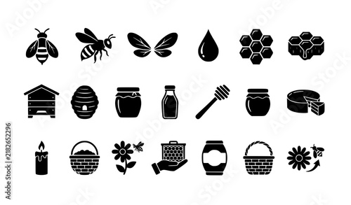 Bee Honey Beehive and Honeycomb Solid Black Vector Symbols
