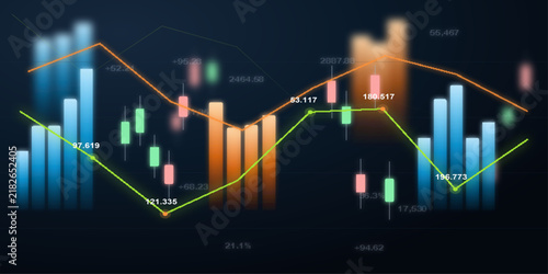 Foto A dynamic financial chart displays candlestick patterns and line graphs, representing stock market fluctuations and economic trends against a dark, modern backdrop