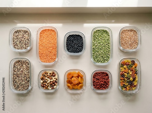 Various dried legumes and grains in glass storage containers on a kitchen surface. hermetic seal containers