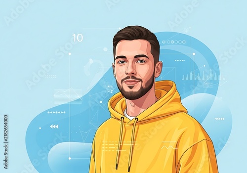 Vector illustration of a modern young man with a beard wearing a yellow hoodie, set against an abstract blue background with digital design elements, ideal for tech or social media themes.