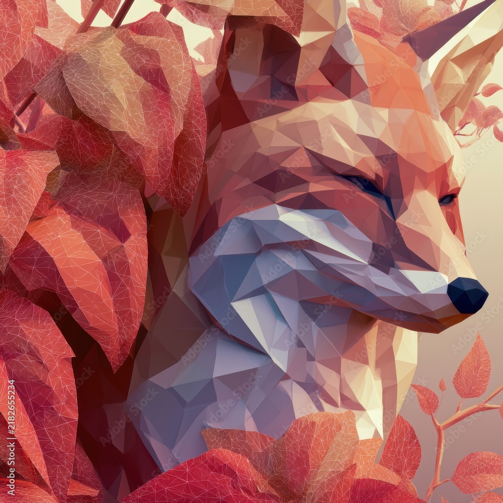 Obraz premium A fox made of geometric shapes rests among angular leaves in a setting with russet colors during daytime outdoors.