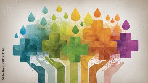 Hands supporting medical crosses and water drops