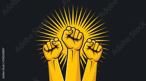 Retro Raised Fists Illustration, Vintage Union Solidarity Hands, Yellow Graphic Symbol, Social Justice Badge Design Element
