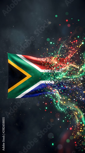 South African Flag Disintegrating Into Colorful Particles, 3D Digital Art, Abstract National Symbol Exploding Into Green, Red, Blue, Yellow Confetti, Vibrant Patriotic Conceptual Background