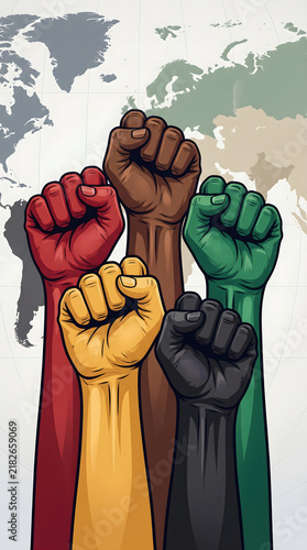 Pan African flag fists raising, multicolored raised hands, unity and solidarity, black, green, yellow, red, world map background, ethnic pride, social justice concept