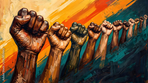 Raised Fists of Solidarity, Colorful Artistic Protest Painting, Symbol of Equality and Human Rights Activism, Vibrant Orange and Blue Sketch for Social Justice Campaigns and Unity Concepts