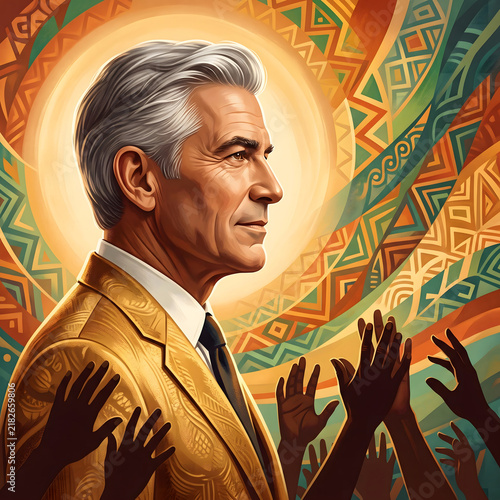 Colorful illustration of mature statesman portrait, cultural pattern background, golden suit, dark hands reaching for connection and unity, profile view