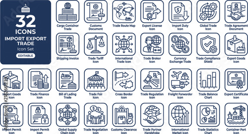 Logistics, export, import and transportation line icon set