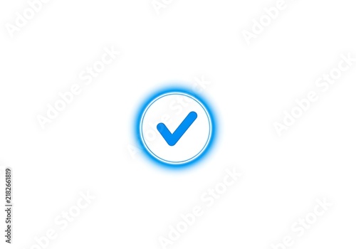 Bright blue glowing checkmark icon within a circle, isolated on a pure white background, symbolizing approval, completion, or success.