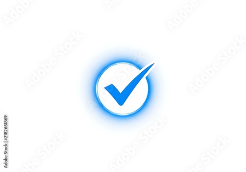 Crisp blue glowing checkmark symbol enclosed in a circular frame, set against a pristine white background, representing confirmation or correctness.