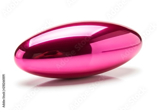 Striking shiny magenta metallic pill-shaped object with a smooth, reflective surface, isolated on a clean white background.