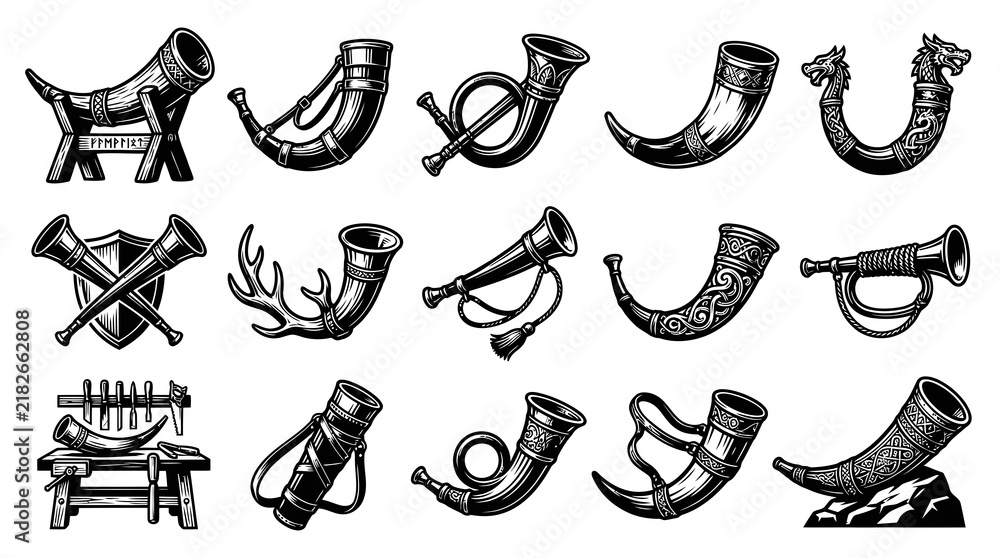 Obraz premium Viking and Hunting Horns Vintage Engraving Set - Medieval Drinking and Battle Horns Monochrome Line Art