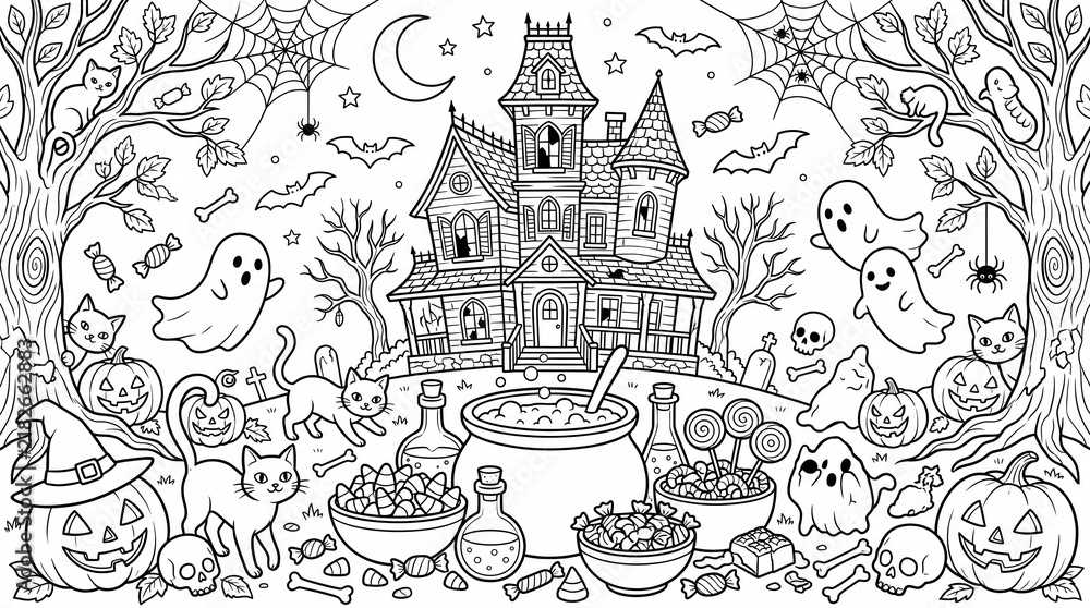 Naklejka premium Detailed hand drawn black and white illustration of a spooky haunted mansion surrounded by a magical forest