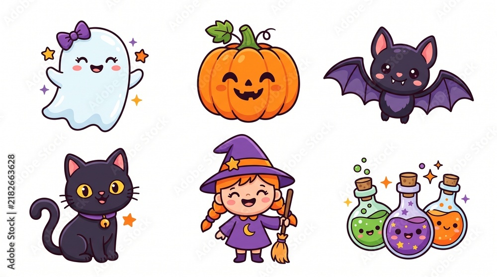 Fototapeta premium Kawaii Halloween Character Collection Featuring Cute Ghost Pumpkin Bat Black Cat Witch and Magical Potions for Children's Parties Education and Seasonal Design