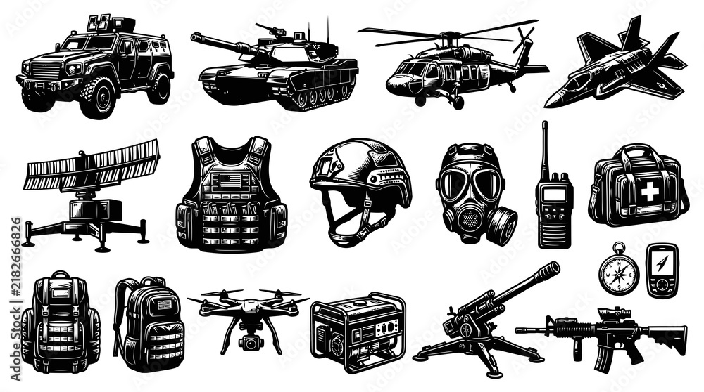 Fototapeta premium Military Equipment Vector - Black and White Line Art Collection