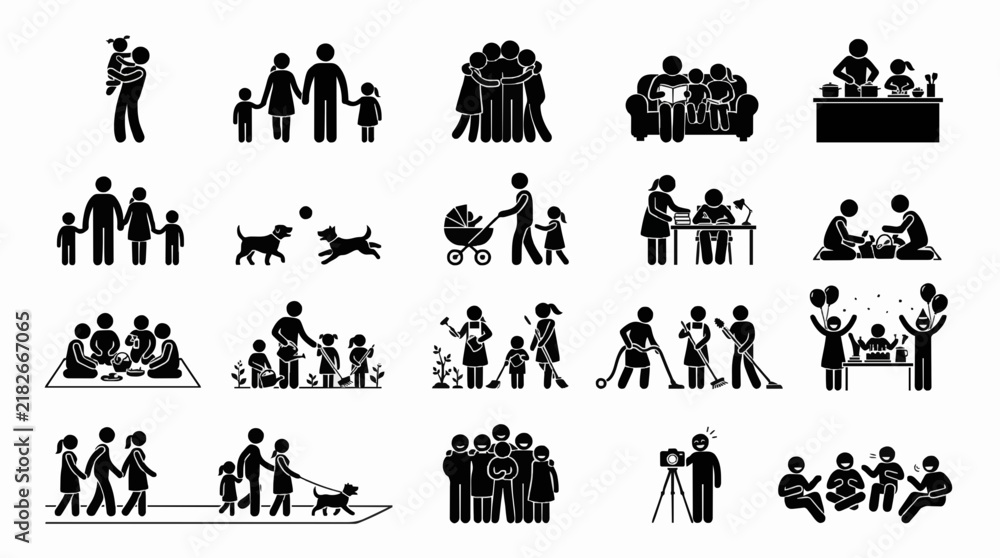 Naklejka premium Stick figure icons depicting family lifestyle activities and domestic chores in silhouette vector set