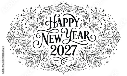 Elegant Happy New Year 2027 Decorative Typography with Vintage Floral Ornaments