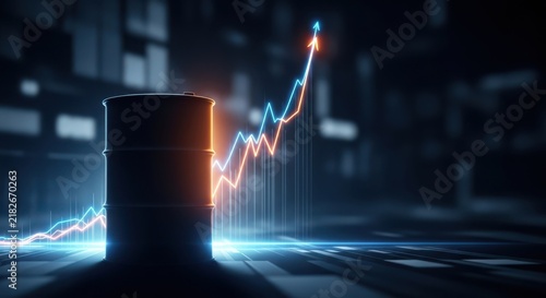 Oil barrel with upward trending stock market graph in futuristic industrial setting