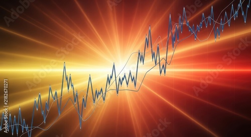 Sunset silhouette with city lights and abstract light trails forming a graph shape