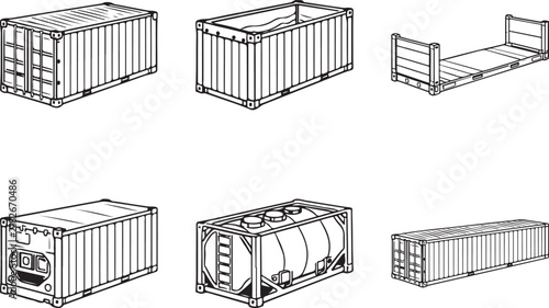 Cargo Shipping Container Outline Vector Set