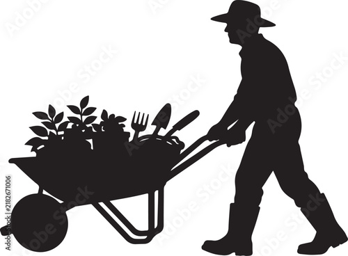 Gardener Pushing Wheelbarrow Filled with Plants and Tools Silhouette Vector