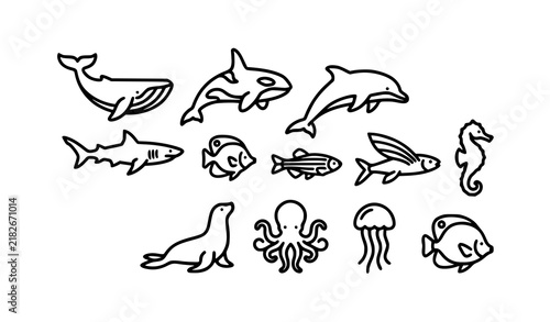 Nautical Sea Creature Thin Line Icons – Whale Dolphin Shark Tropical Fish Vector