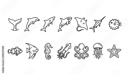 Ocean Wildlife Outline Icons – Dolphin Shark Whale Tropical Fish Vector Set