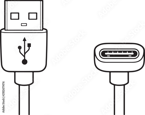 USB Type-A and Type-C Connectors Outline Vector Set