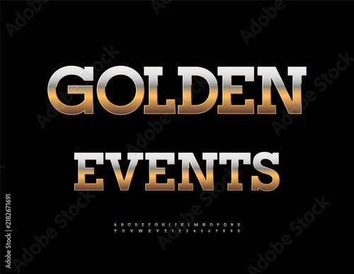 Vector Stylish logo Golden Events. Unique Cool Golden Font for Luxury Brand and Digital Logos. Trendy Shiny set Awesome Alphabet Letters and Numbers.