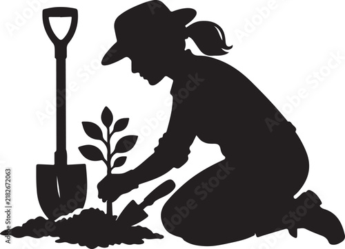 Woman gardener kneeling down planting small green tree with shovel in dark silhouette vector