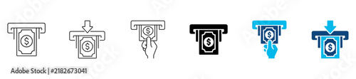 Bild auf Leinwand Cash withdrawal icon set with ATM dispensing banknote symbolizing money, payment and banking