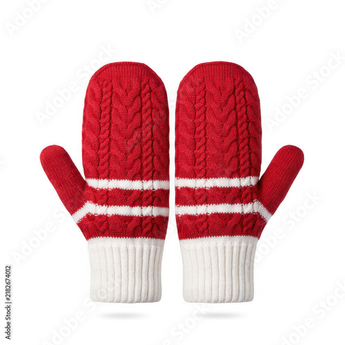 Obraz na płótnie Pair of red and white knitted winter mittens for cold weather isolated on transp