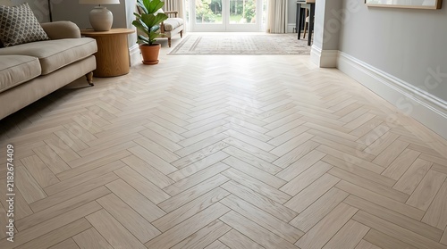 Bright modern living room with elegant light wood herringbone floor in a residential home interior, bathed in natural light.
