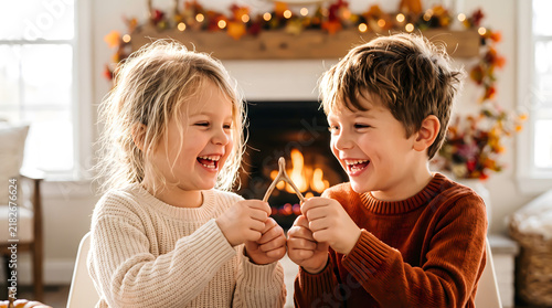 Smiling little girl and boy laughing while breaking traditional turkey wishbone together in warm cozy living room decorated for Thanksgiving holiday celebration