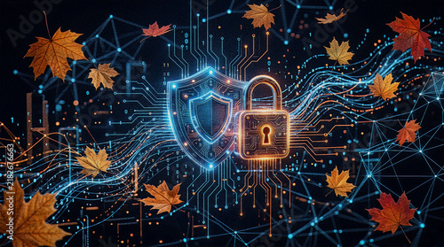 Futuristic cybersecurity concept with glowing digital shield and padlock circuit board lines and golden autumn leaves on dark blue background data protection safety