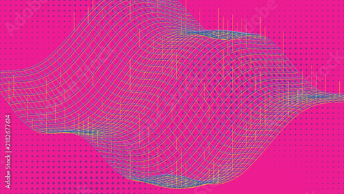 Futuristic flowing wireframe landscape on digital dot grid background
