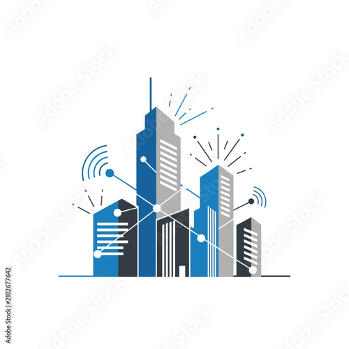 Modern smart city skyline with digital network connection nodes