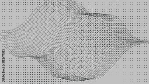 Curved wireframe wave and halftone dot grid abstract design
