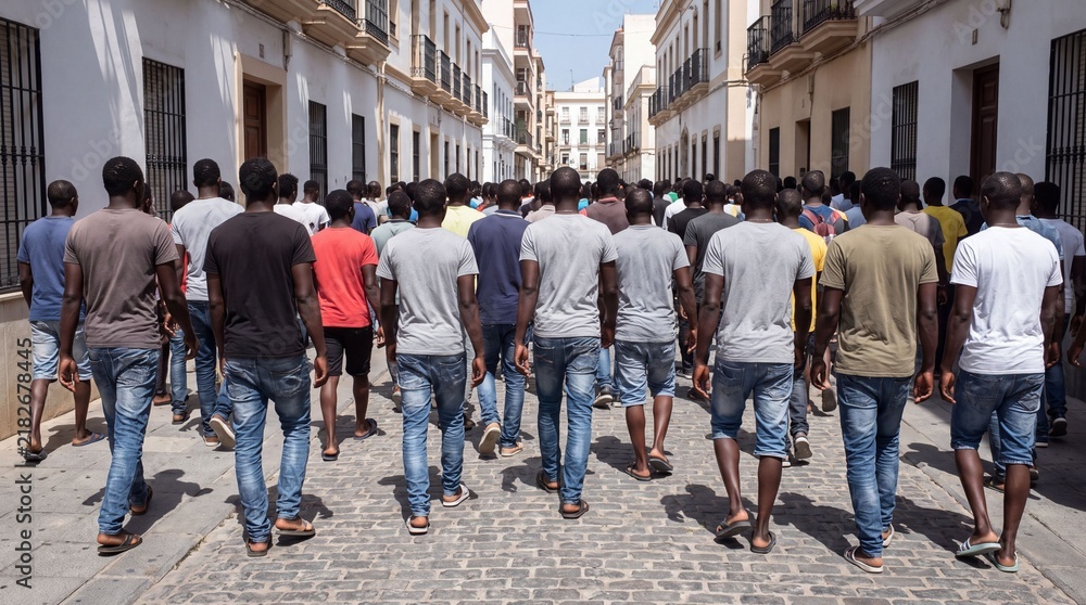 Obraz premium Group of migrants walking together through European residential street during migration crisis showing movement displacement border journey refugee experience humanitarian challenge asylum seeking com
