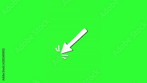 White diagonal arrow animation pointing toward the lower left corner on a bright green screen background, ideal for directing attention, navigation, callouts, tutorials, presentations, social media co