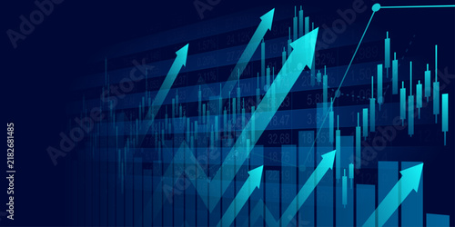 Abstract financial graph with uptrend line and arrows in stock market on blue color background