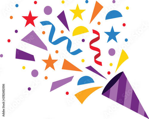 Confetti Explosion: A vibrant party popper unleashes a dazzling array of colorful confetti, streamers, and star shapes, creating a festive explosion of joy and celebration.