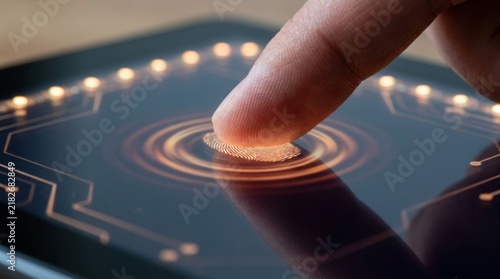 Index Finger Touching Interactive Panel with Glowing Orange Rings