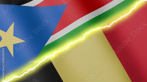Two waving flags South Sudan and Belgium with diagonal lightning seamless, 4k loop