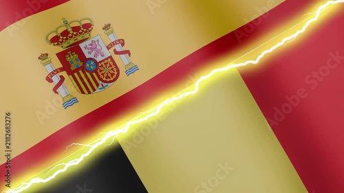 Two waving flags Spain and Belgium with diagonal lightning seamless, 4k loop