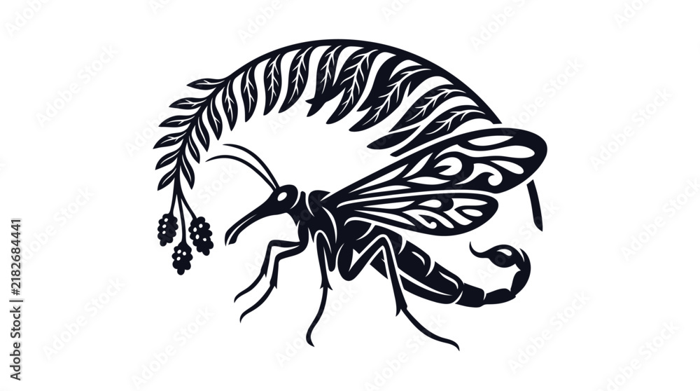 Fototapeta premium Stylized scorpion fly insect silhouette combined with intricate fern leaves in a modern dark vector illustration